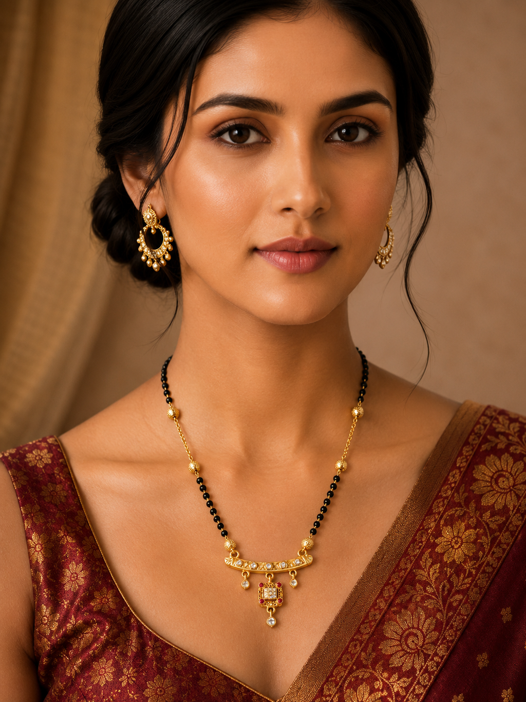Damnstyle Gold Plated Black Bead CZ Pendant Mangalsutra for Women