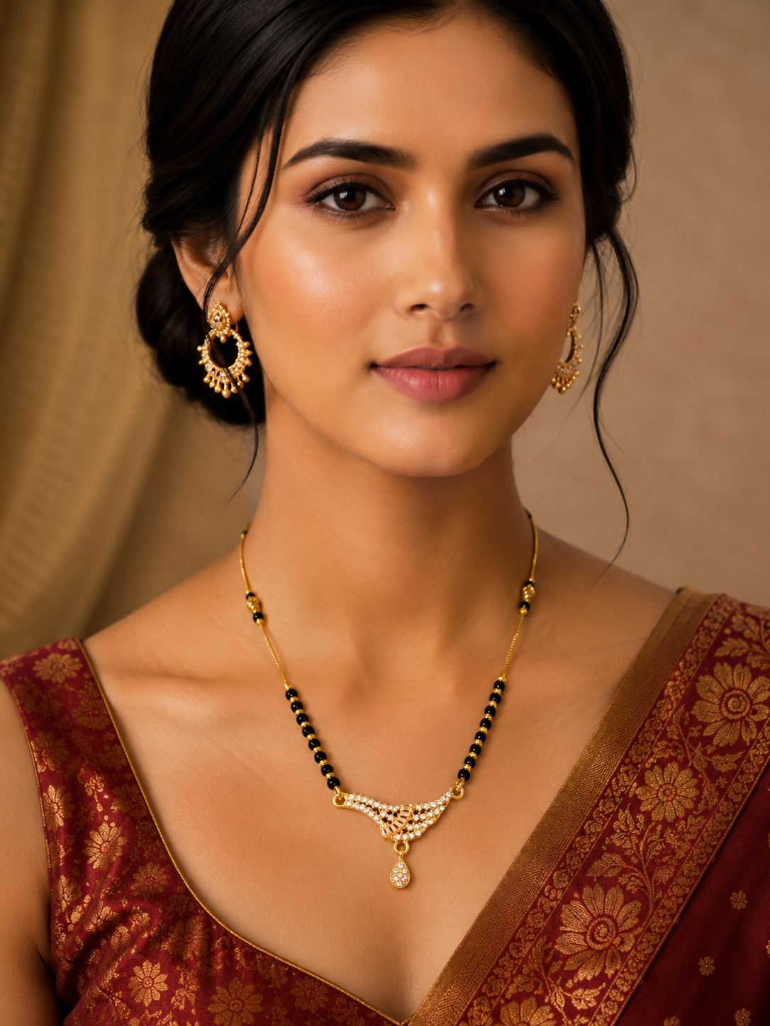 Damnstyle Gold Plated CZ Black Bead Mangalsutra Necklace for Women