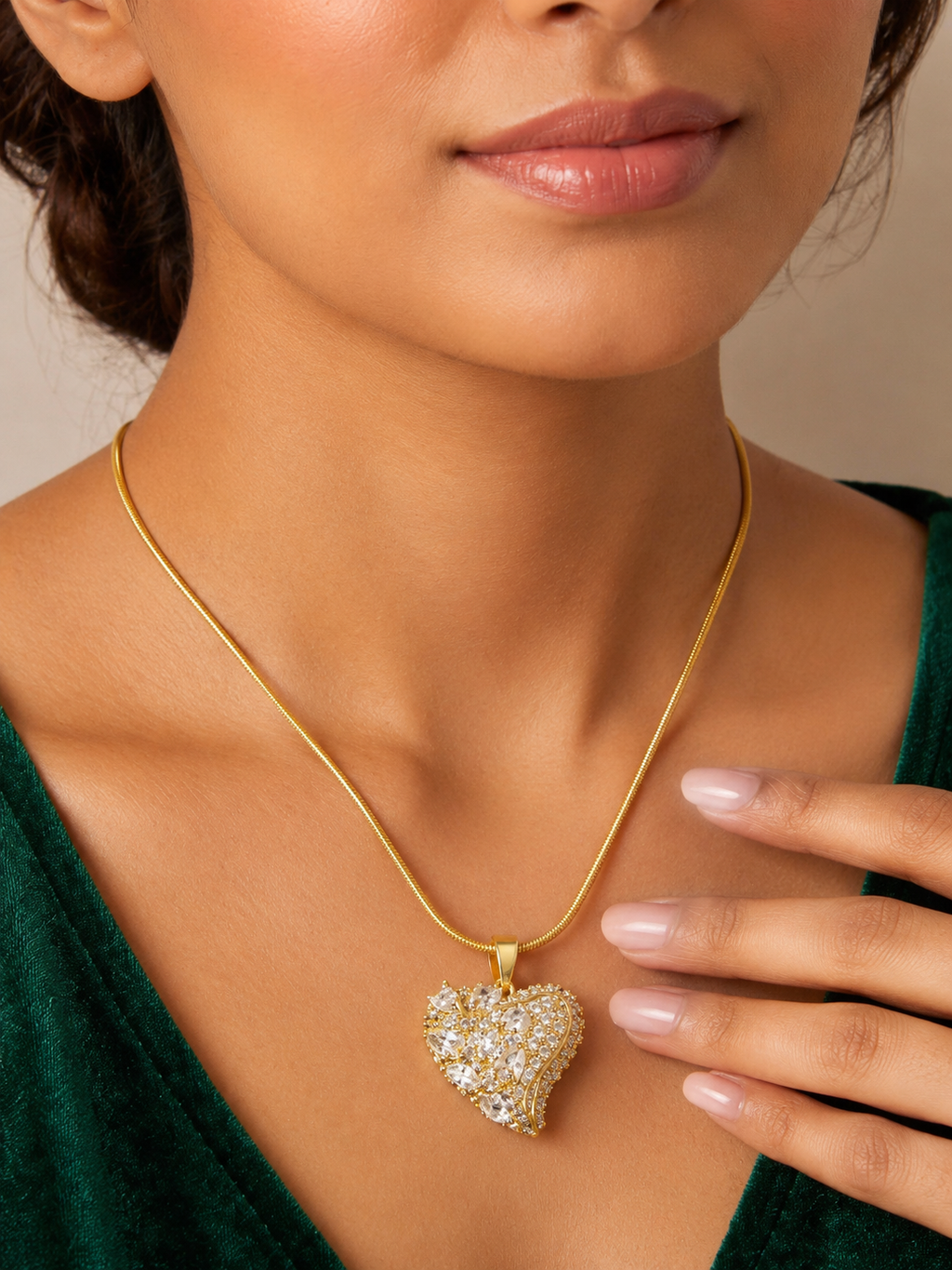 Gold Plated Heart Pendant Chain with AAA CZ Stones for Women