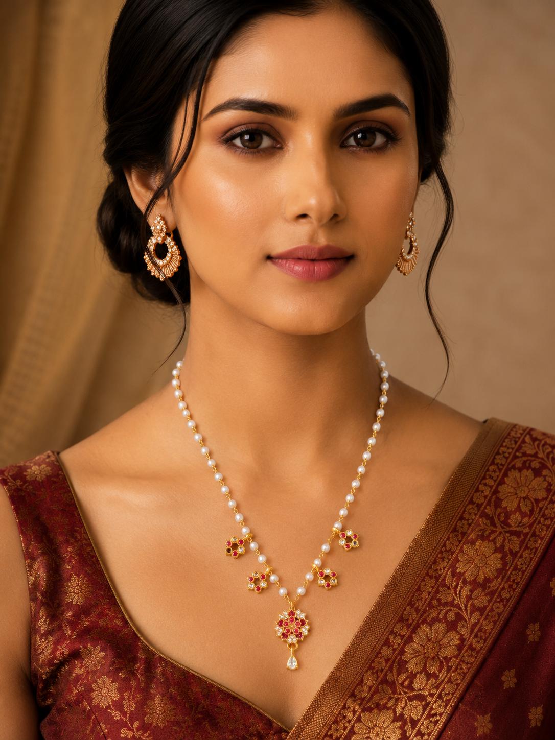 Damnstyle Gold Plated Pearl Floral Mangalsutra for Women & Girls