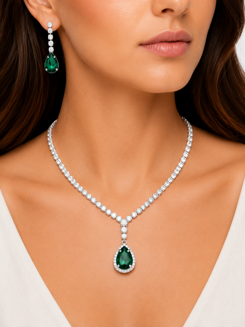 Damnstyle Necklace Anti-Tarnish Emerald Teardrop Crystal Set With Earrings