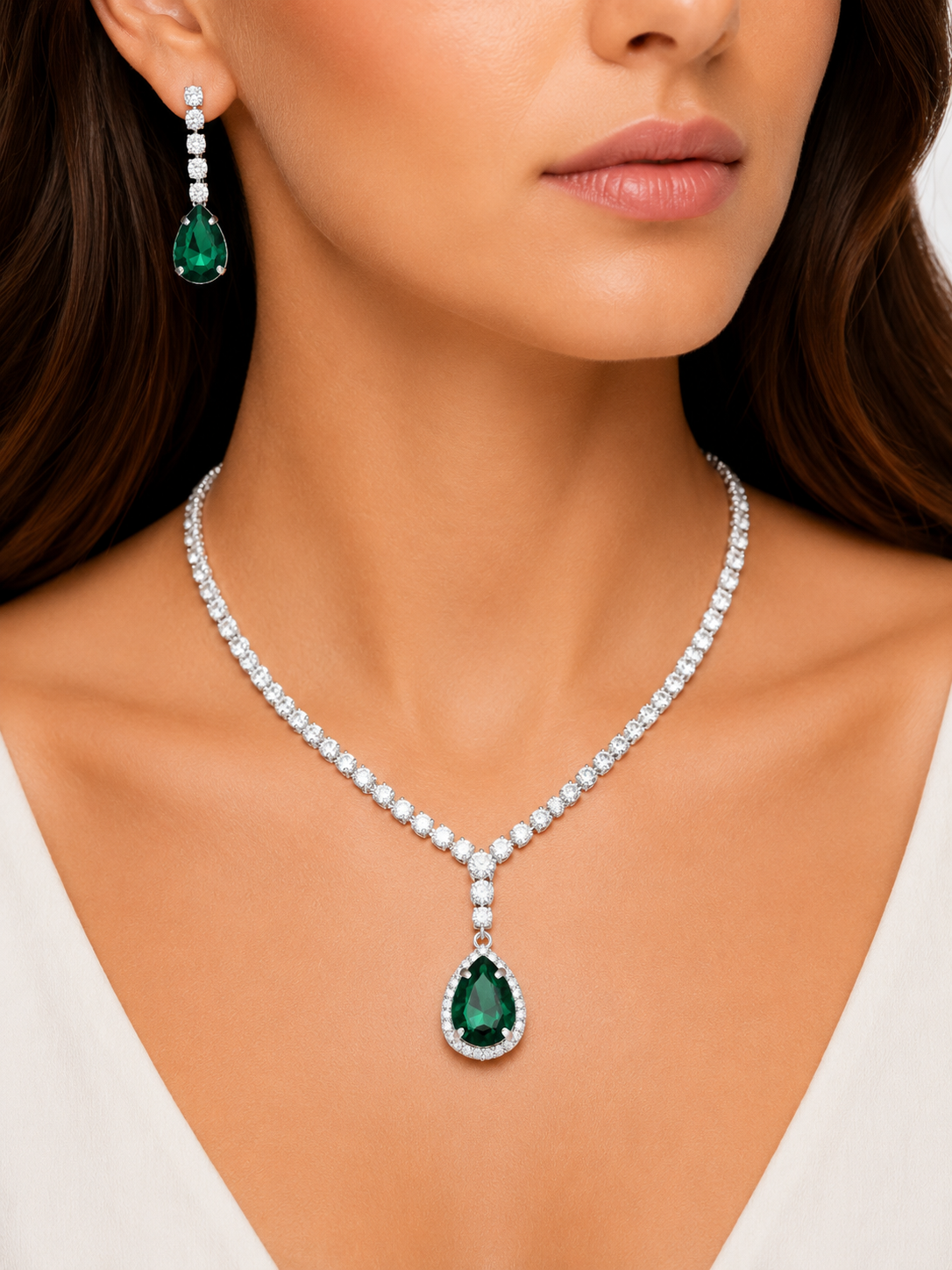 Damnstyle Necklace Anti-Tarnish Emerald Teardrop Crystal Set With Earrings