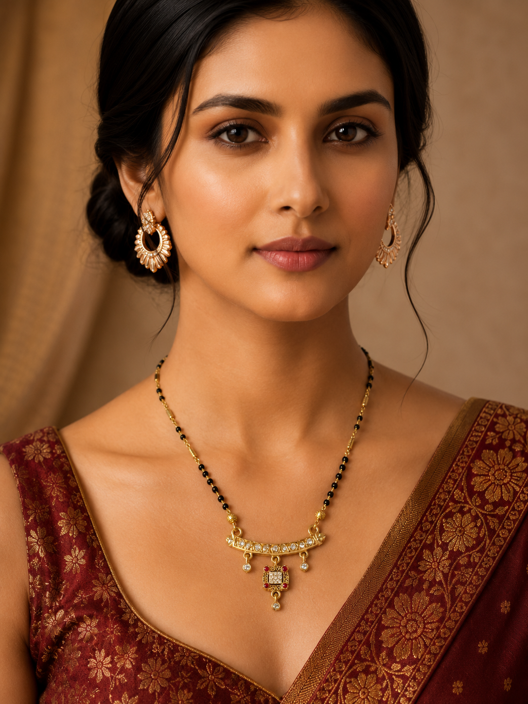 Damnstyle Gold Plated Black Bead Ruby CZ Mangalsutra for Women