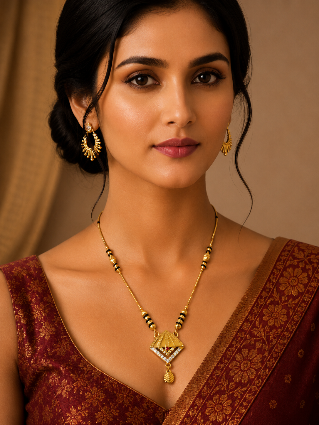 Damnstyle Women's Gold Plated Black Bead Mangalsutra with Diamond Pendant