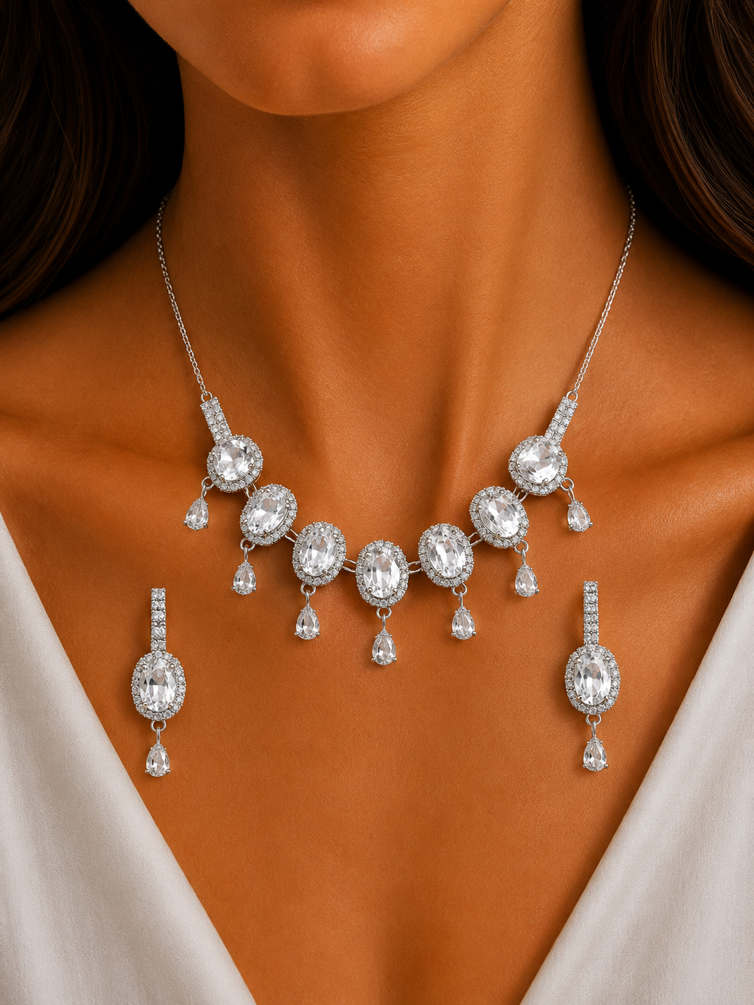 Damnstyle Anti-Tarnish White Crystal Gemstone Set With Earrings