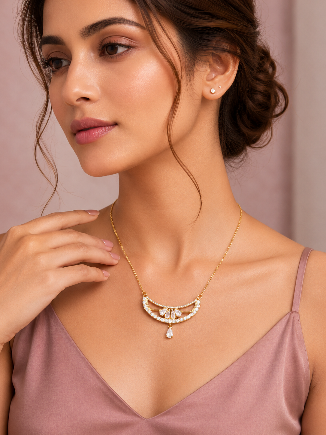 Luxury Gold Tone CZ Crescent Pendant Necklace for Women & Girls