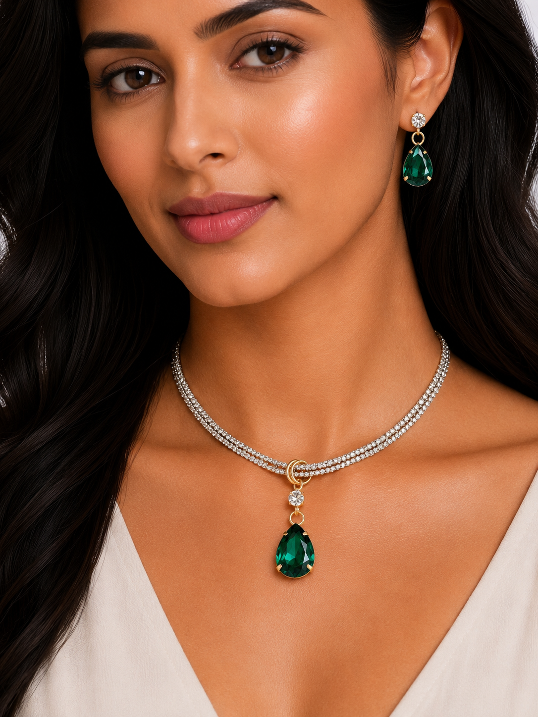 Damnstyle Necklace Anti-Tarnish Drop-Shaped Crystal Pendant Set With Earrings