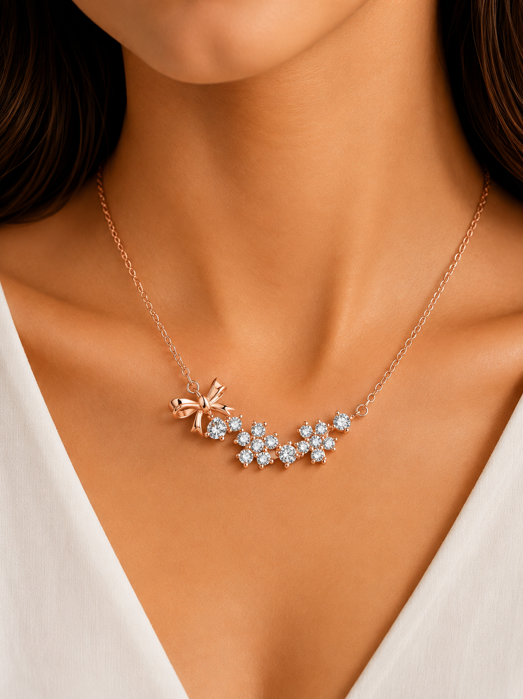 Damnstyle Rose Gold-Plated American Diamond Studded Bow-Tie Pendant