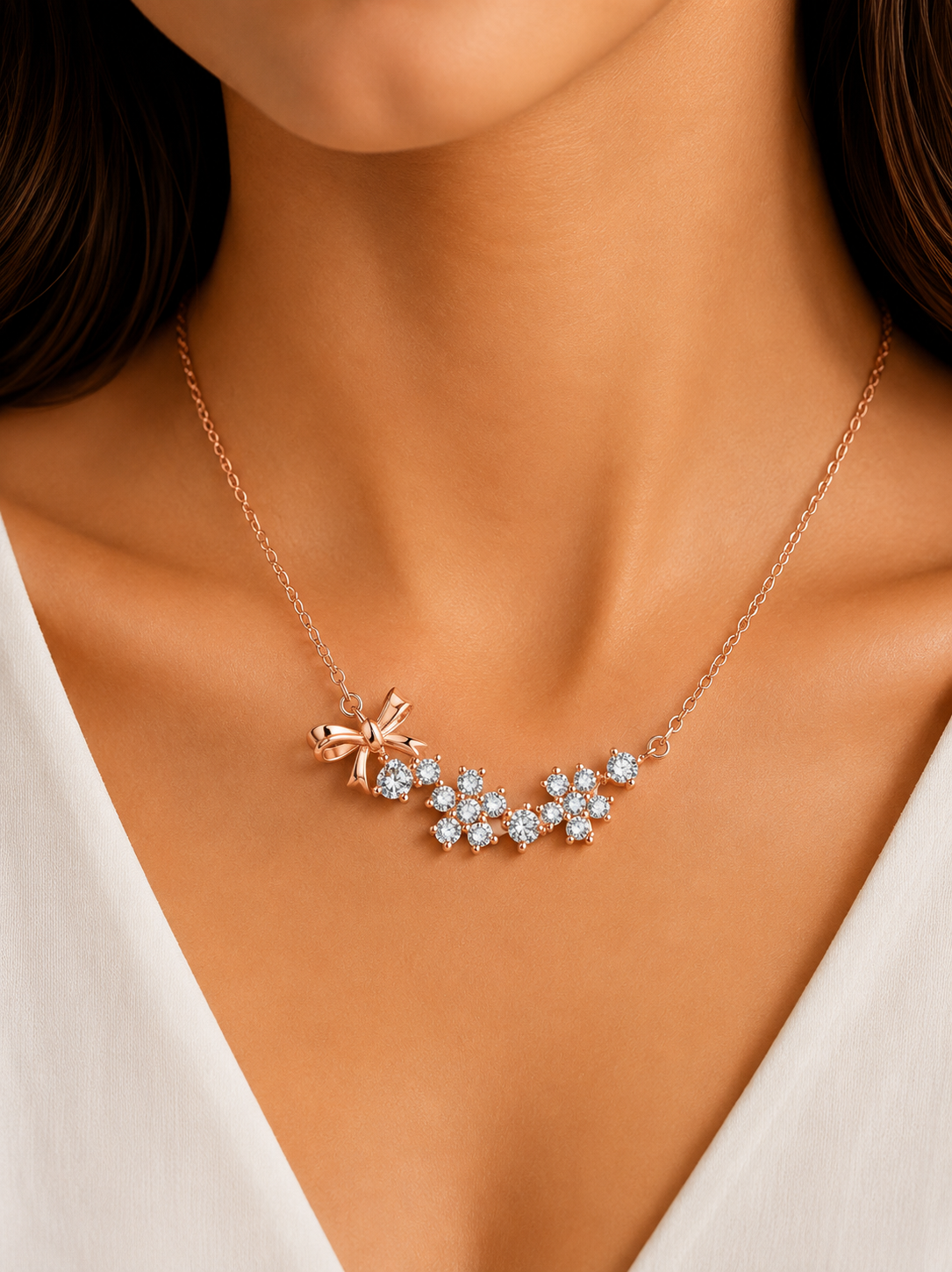 Damnstyle Rose Gold-Plated American Diamond Studded Bow-Tie Pendant
