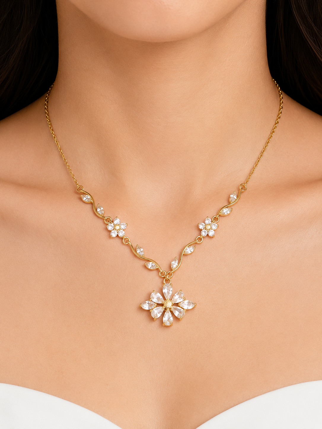 Gold Plated Floral Crystal Pendant Necklace for Women & Girls