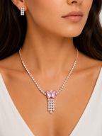 Damnstyle Necklace Anti-Tarnish Pink Butterfly Rhinestone Set With Earrings