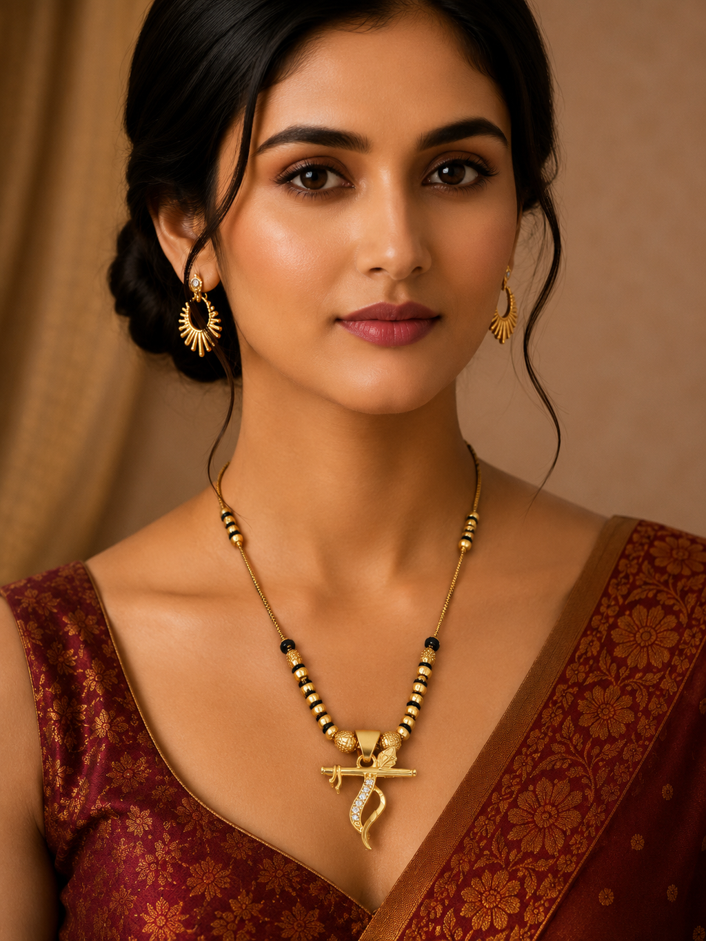 Damnstyle Women's Gold Plated Black Bead Mangalsutra with Flute