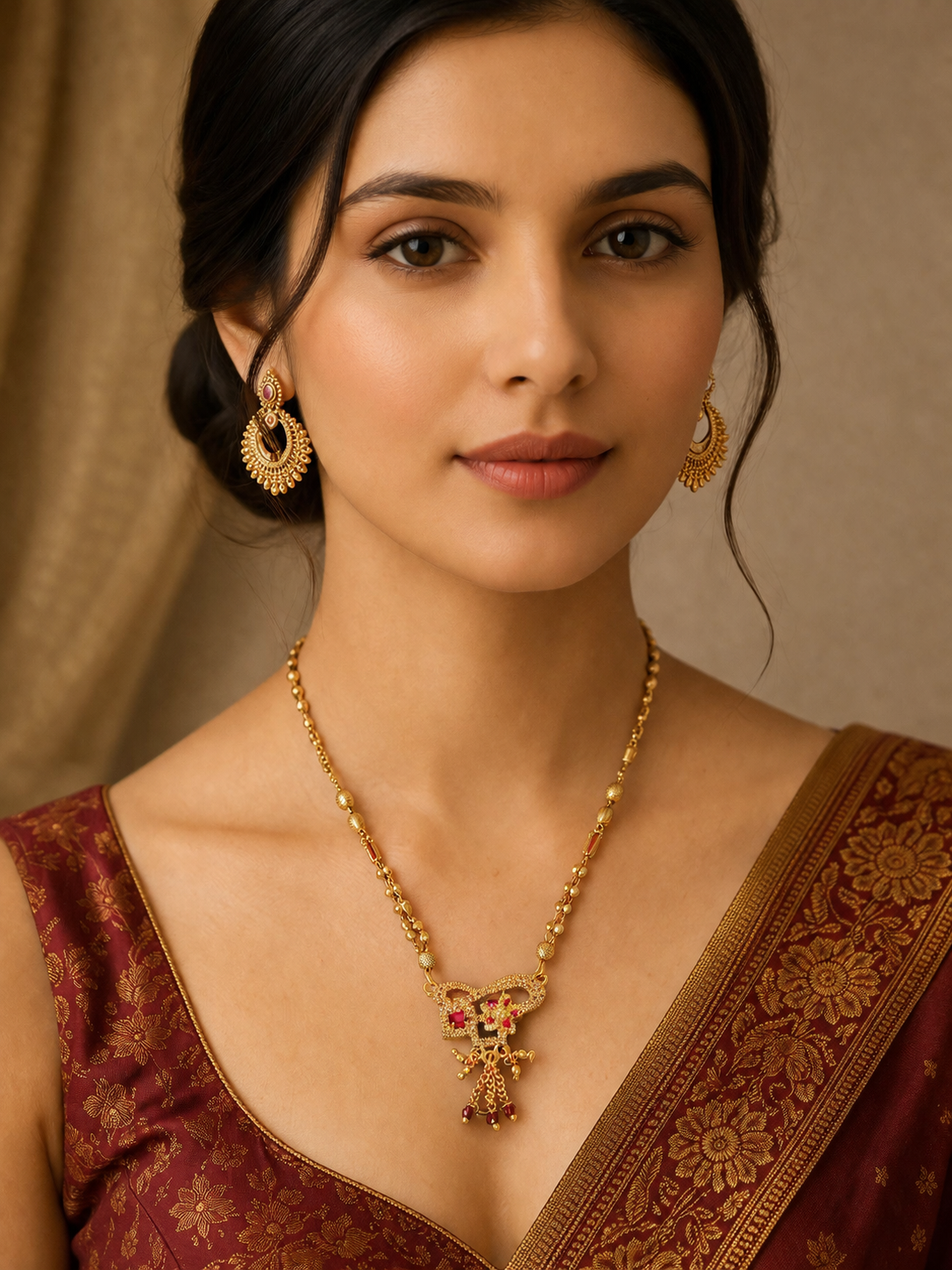 Damnstyle Gold Plated Ruby Floral Mangalsutra for Women & Girls