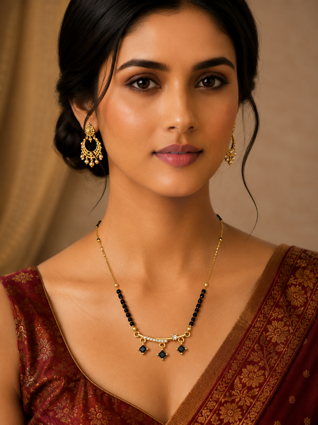 Damnstyle Gold Plated Black Bead CZ Drop Mangalsutra for Women & Girls