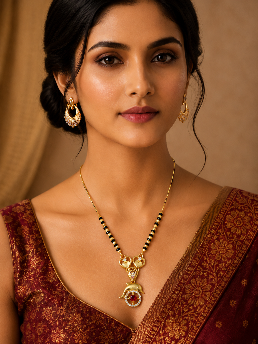 Damnstyle Gold Plated Heart Ruby Black Bead Mangalsutra for Women