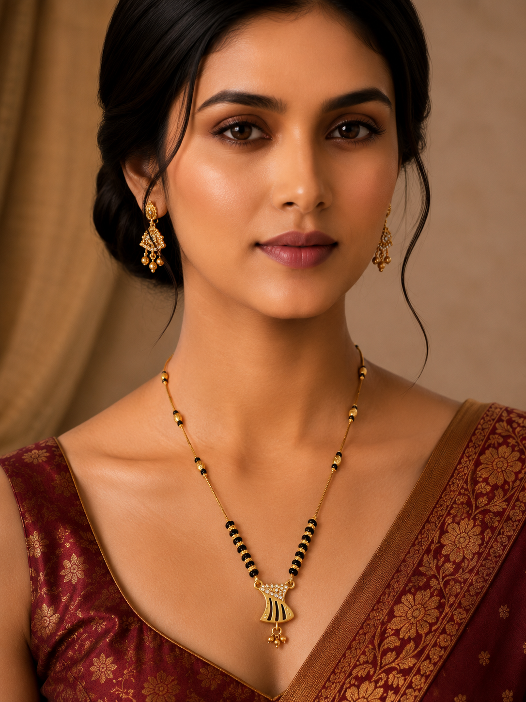 Damnstyle Women's Gold Plated Black Bead Mangalsutra with Pendant