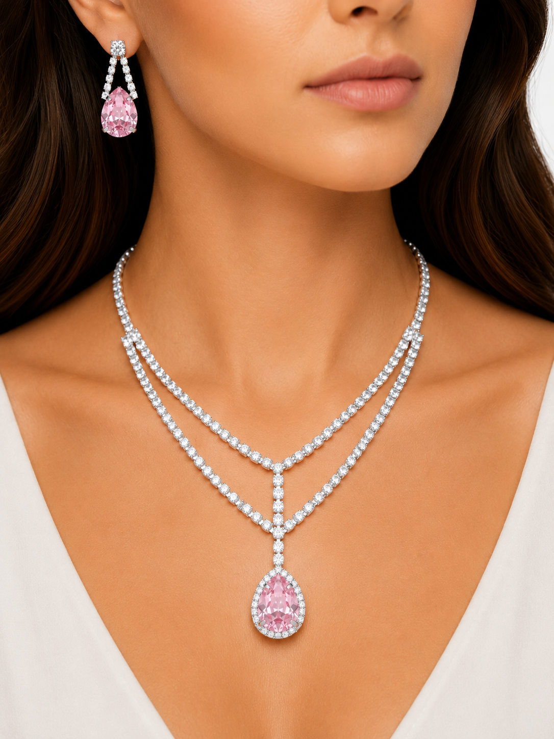 Damnstyle Anti-Tarnish Vintage Rose Rhinestone Set With Earrings