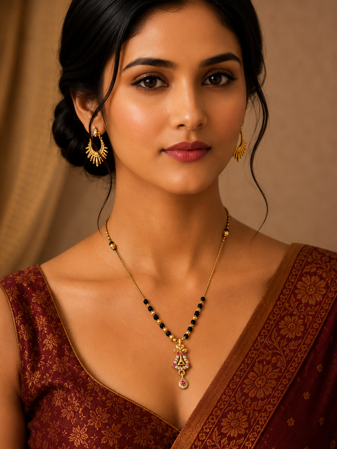 Damnstyle Women's Gold Plated Black Bead Mangalsutra with Floral Pendant