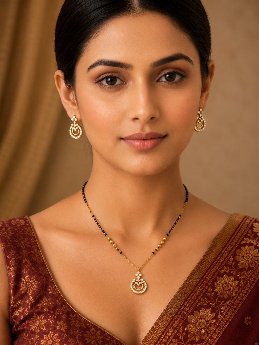 Damnstyle Gold Plated Black Bead AD Mangalsutra for Women