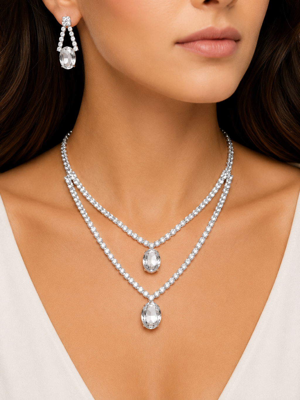 Damnstyle Anti-Tarnish Double Layer Crystal Jewellery Set With Earrings
