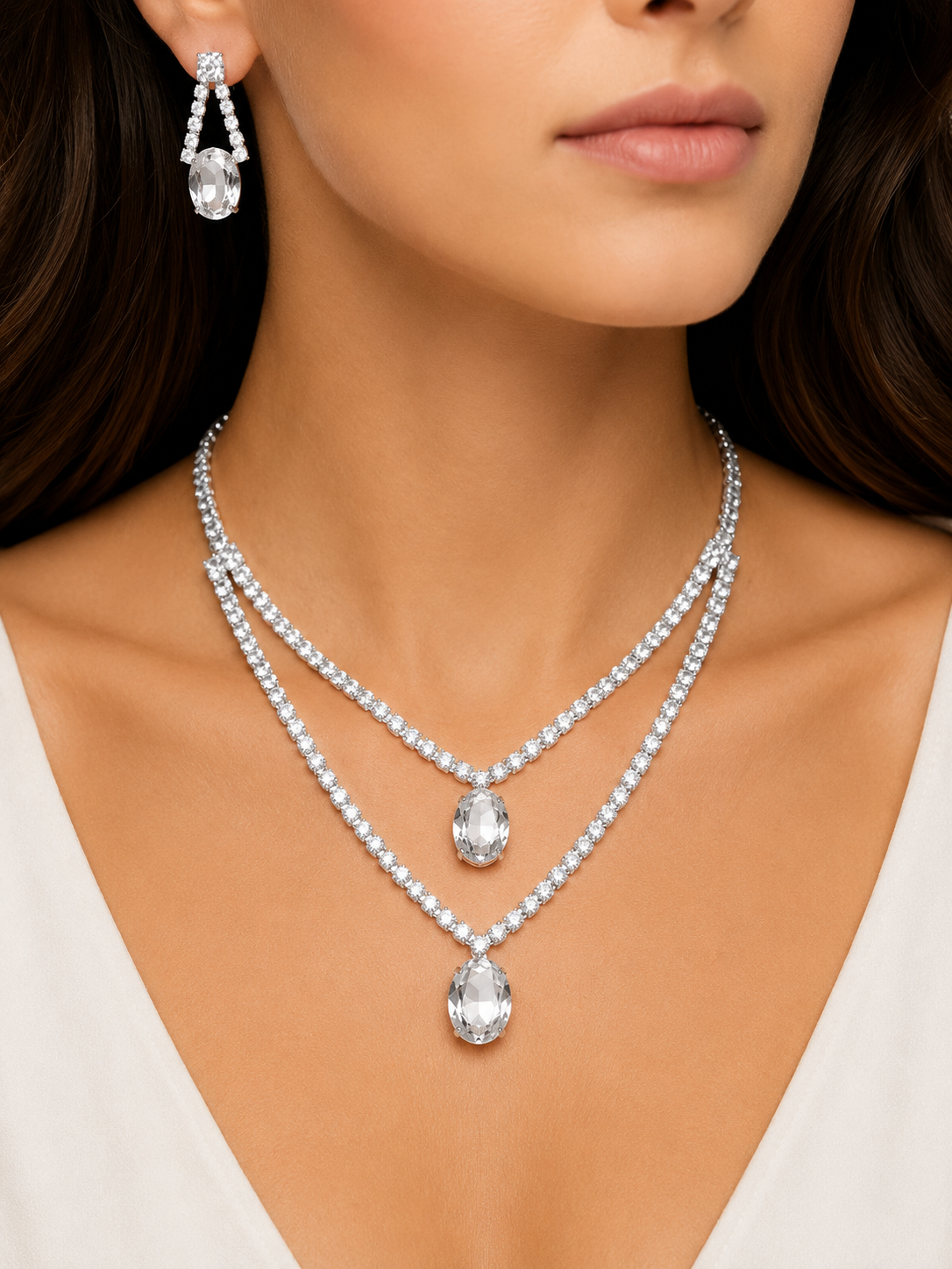 Damnstyle Anti-Tarnish Double Layer Crystal Jewellery Set With Earrings