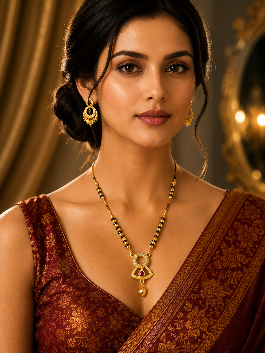 Damnstyle Women's Gold Plated Black Bead Mangalsutra with Designer Pendant