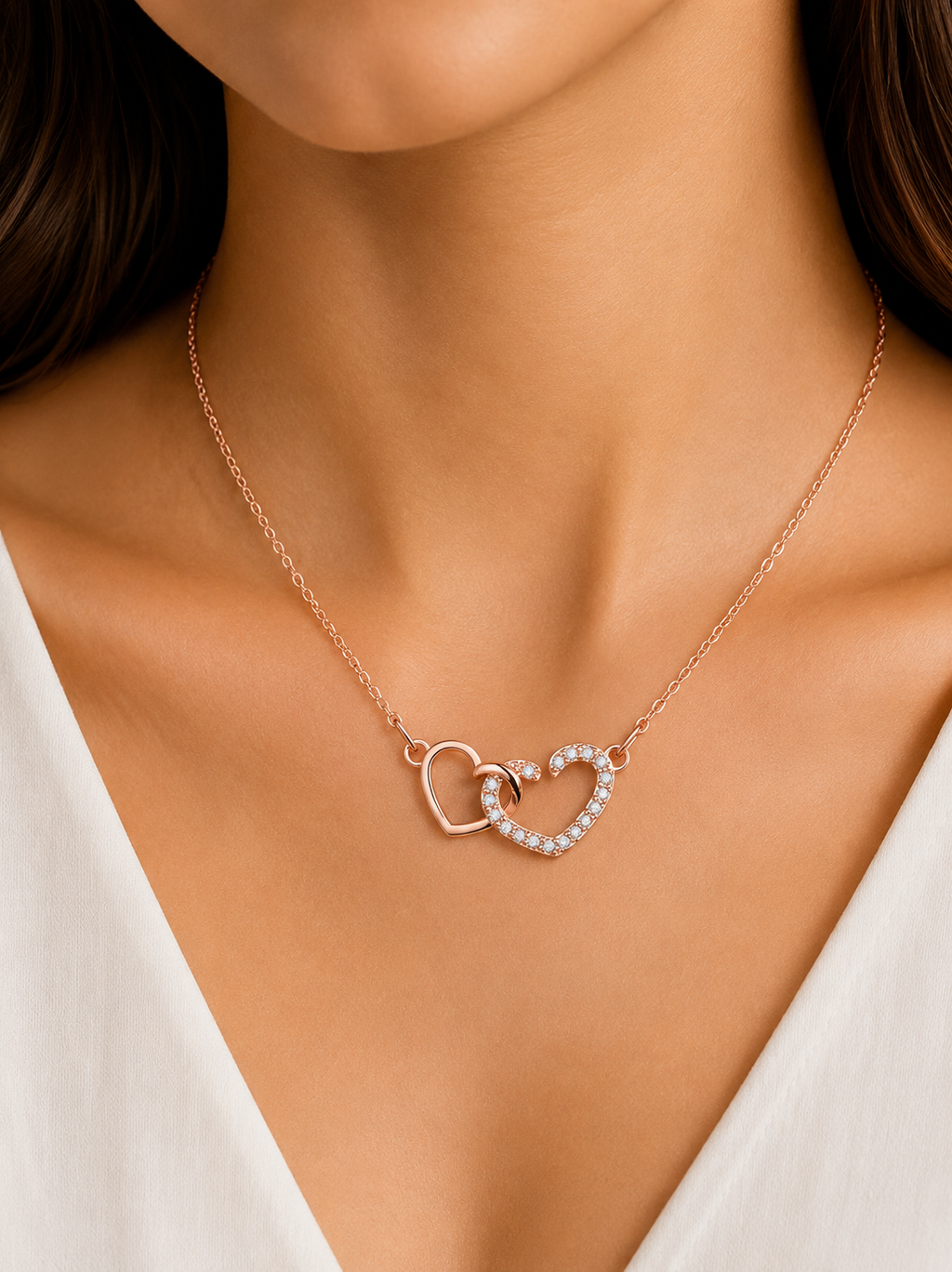 Damnstyle Rose Gold-Plated AD Studded Dual Heart Korean Pendant
