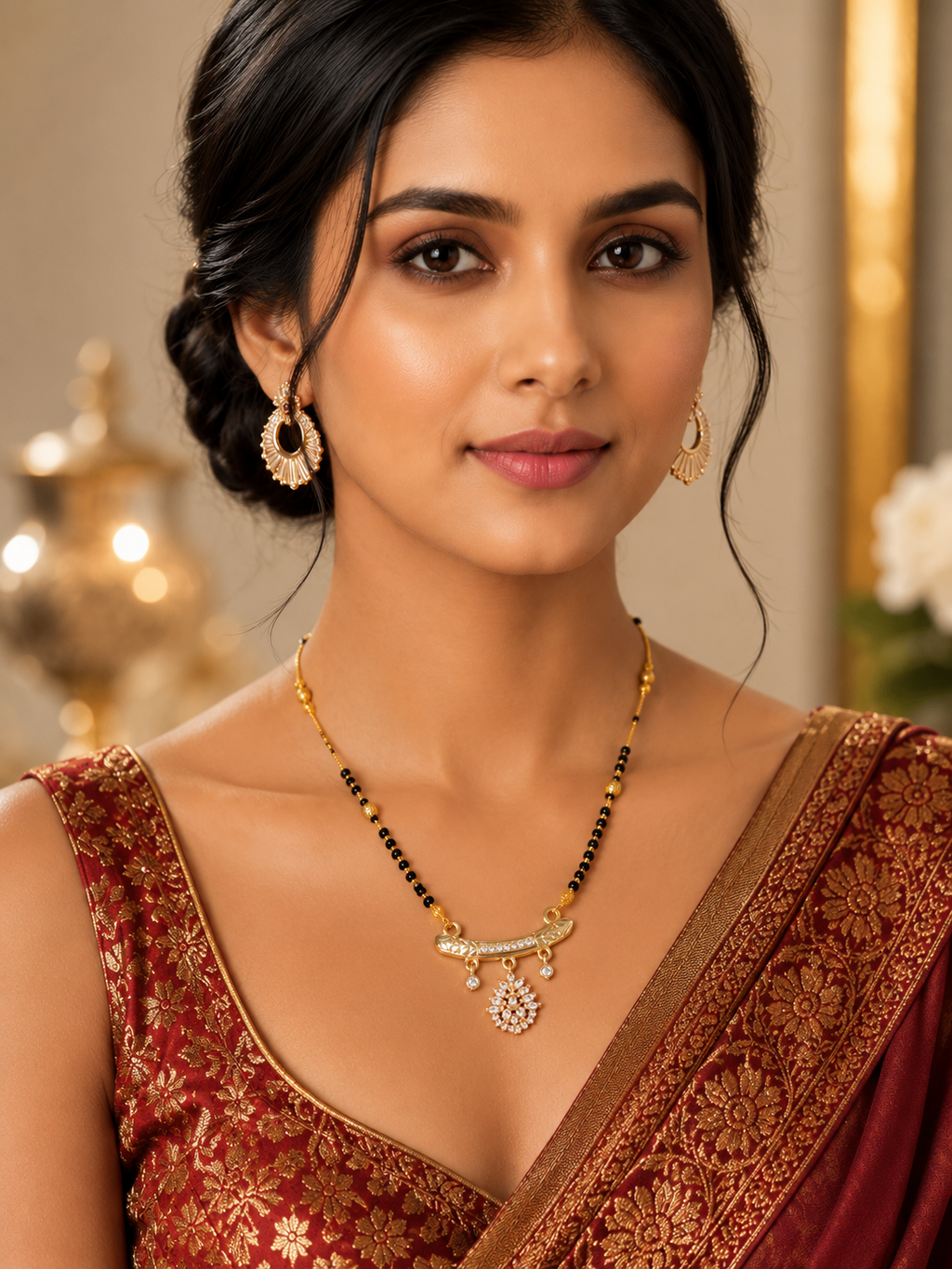 Damnstyle Gold Plated Black Bead Floral Mangalsutra for Women