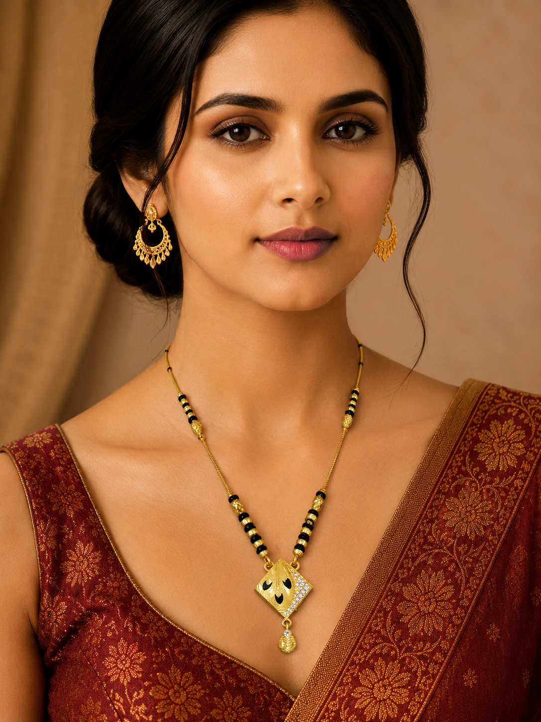 Damnstyle Gold Plated Black Bead Mangalsutra Pendant Necklace for Women