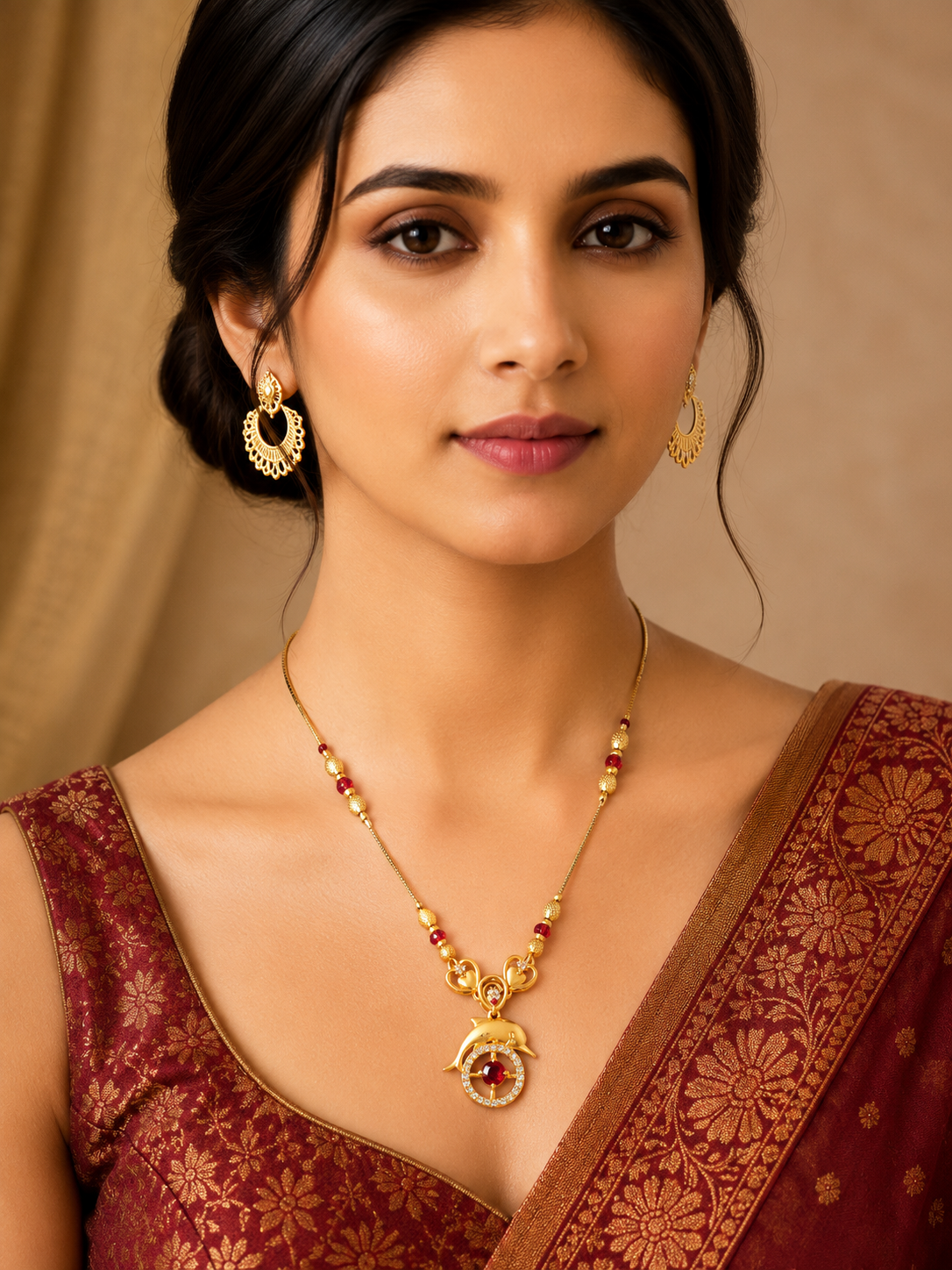 Damnstyle Gold Plated Ruby Heart Mangalsutra Necklace for Women