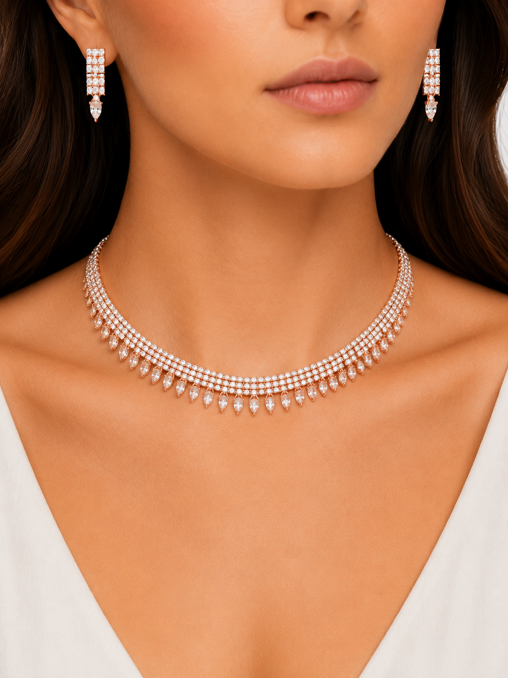 Damnstyle Necklace Anti-Tarnish Rhinestone & Baguette Choker Set With Earrings