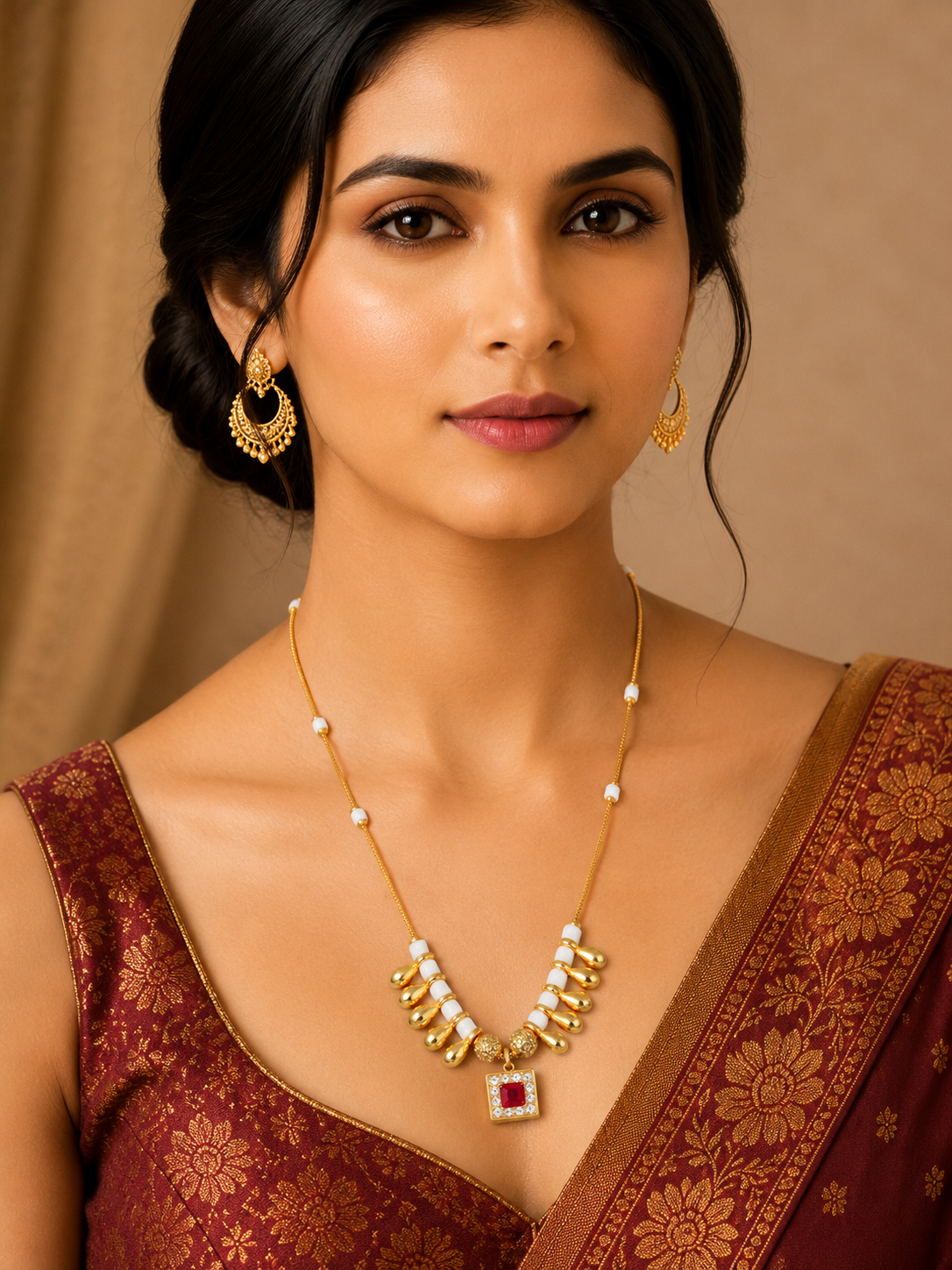Damnstyle Gold Plated White Bead Ruby Mangalsutra  for Women & Girls