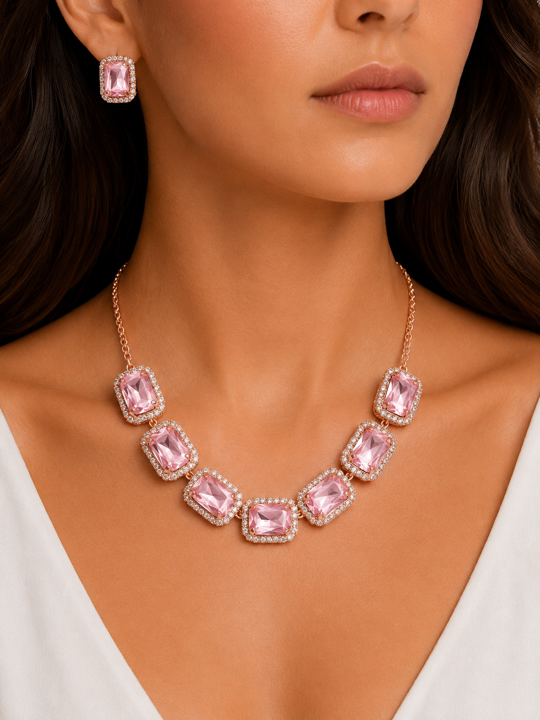 Damnstyle Necklace Anti-Tarnish Soft Pink Rectangle Crystal Set With Earrings