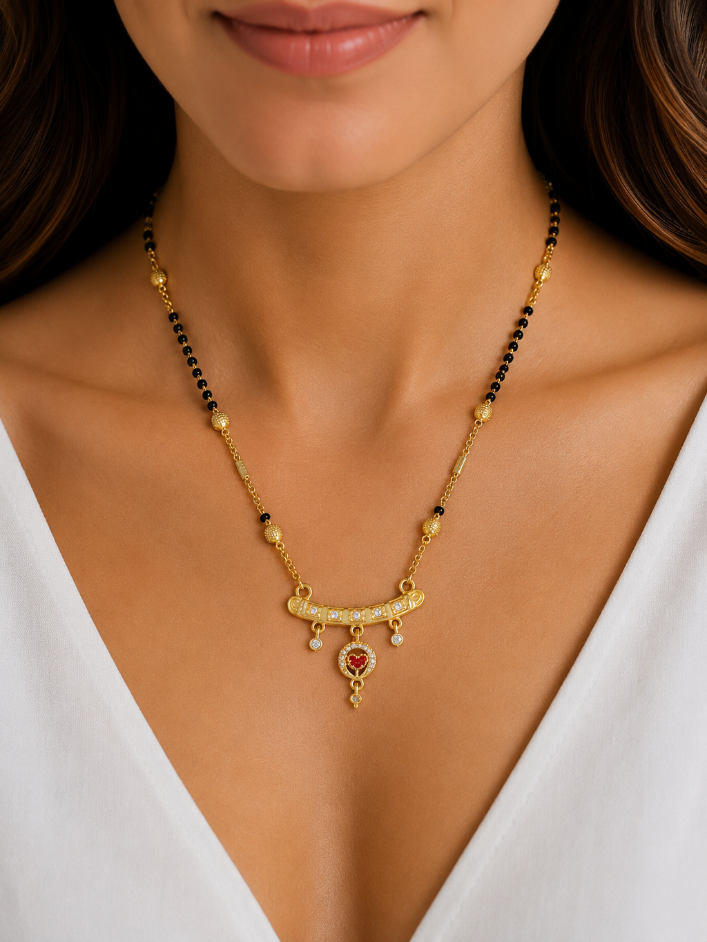 Damnstyle Gold Plated Black Bead Heart Charm Mangalsutra for Women