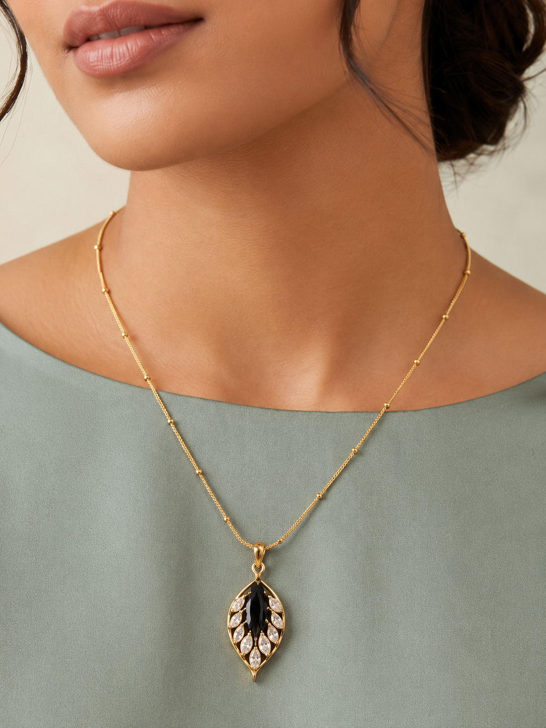 Gold Plated Leaf Pendant Chain with CZ Stones for Women