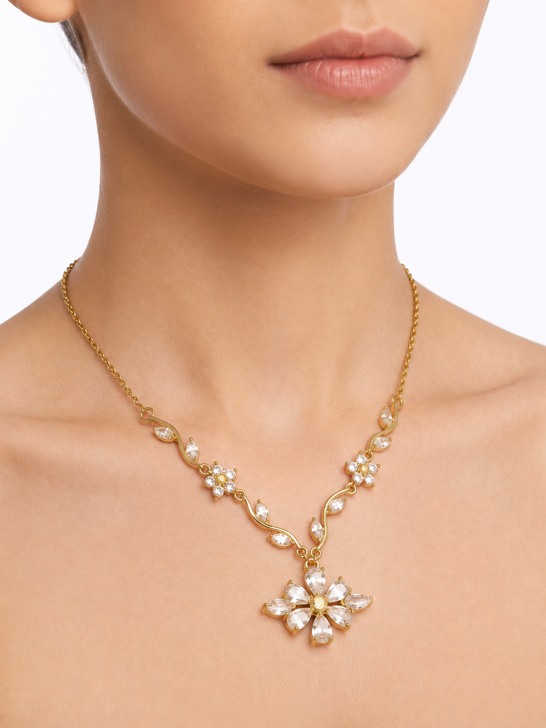 Gold Plated Floral Crystal Pendant Necklace for Women & Girls