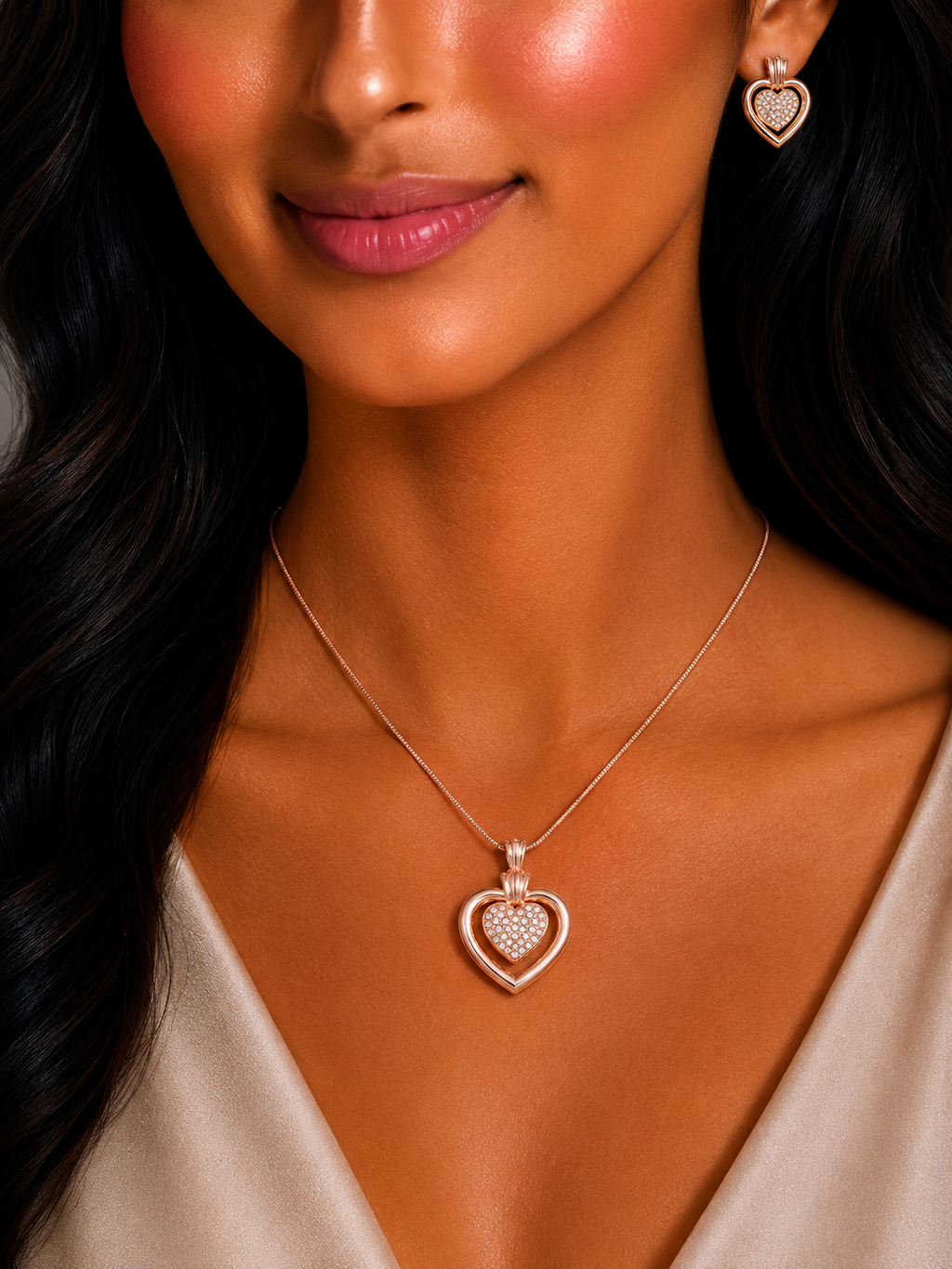 Damnstyle Anti-Tarnish Double Studded Heart Jewellery Set With Earrings