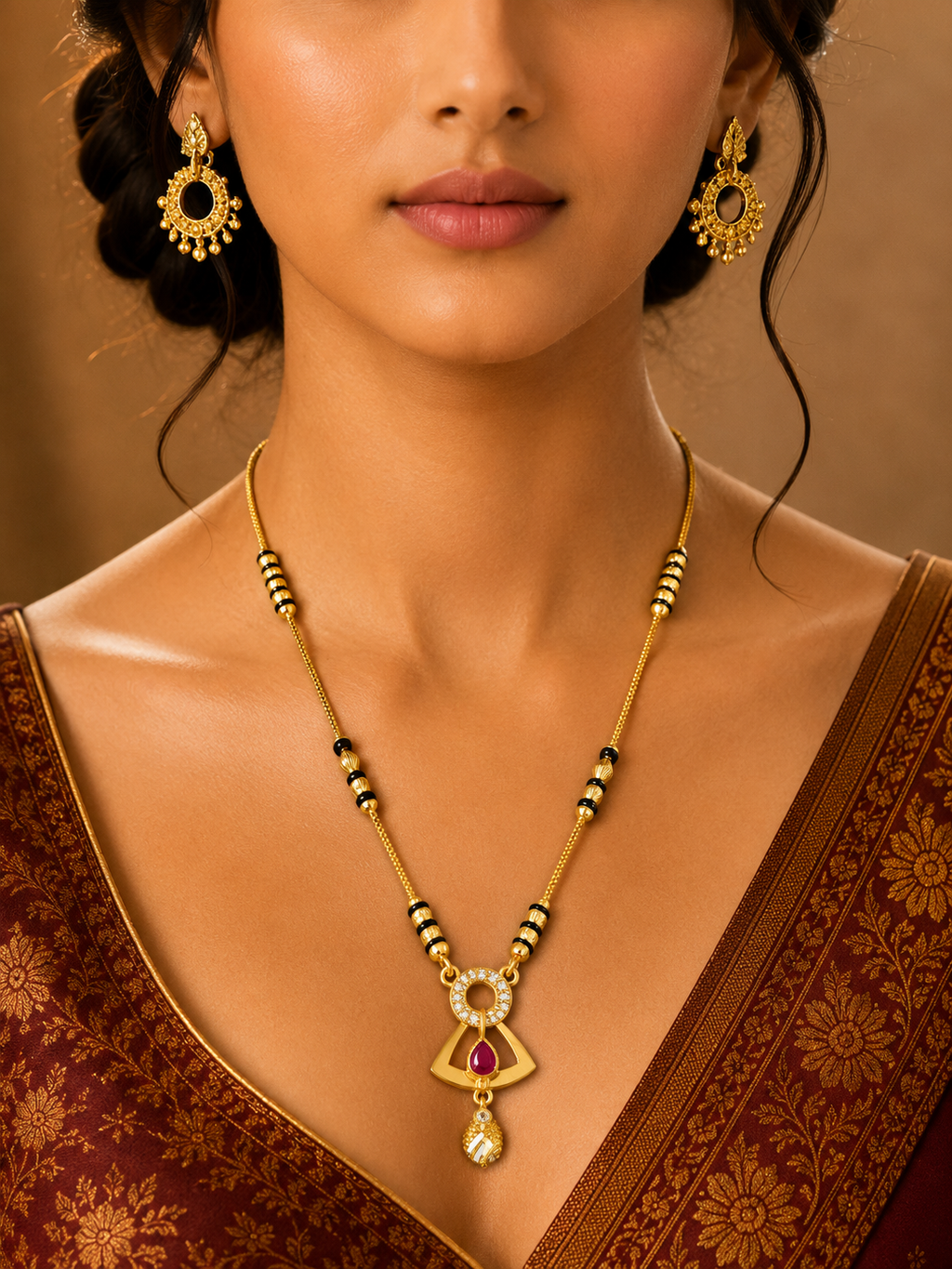 Damnstyle Women's Gold Plated Black Bead Mangalsutra with Designer Pendant