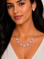 Damnstyle Necklace Anti-Tarnish Soft Pink Rectangle Crystal Set With Earrings