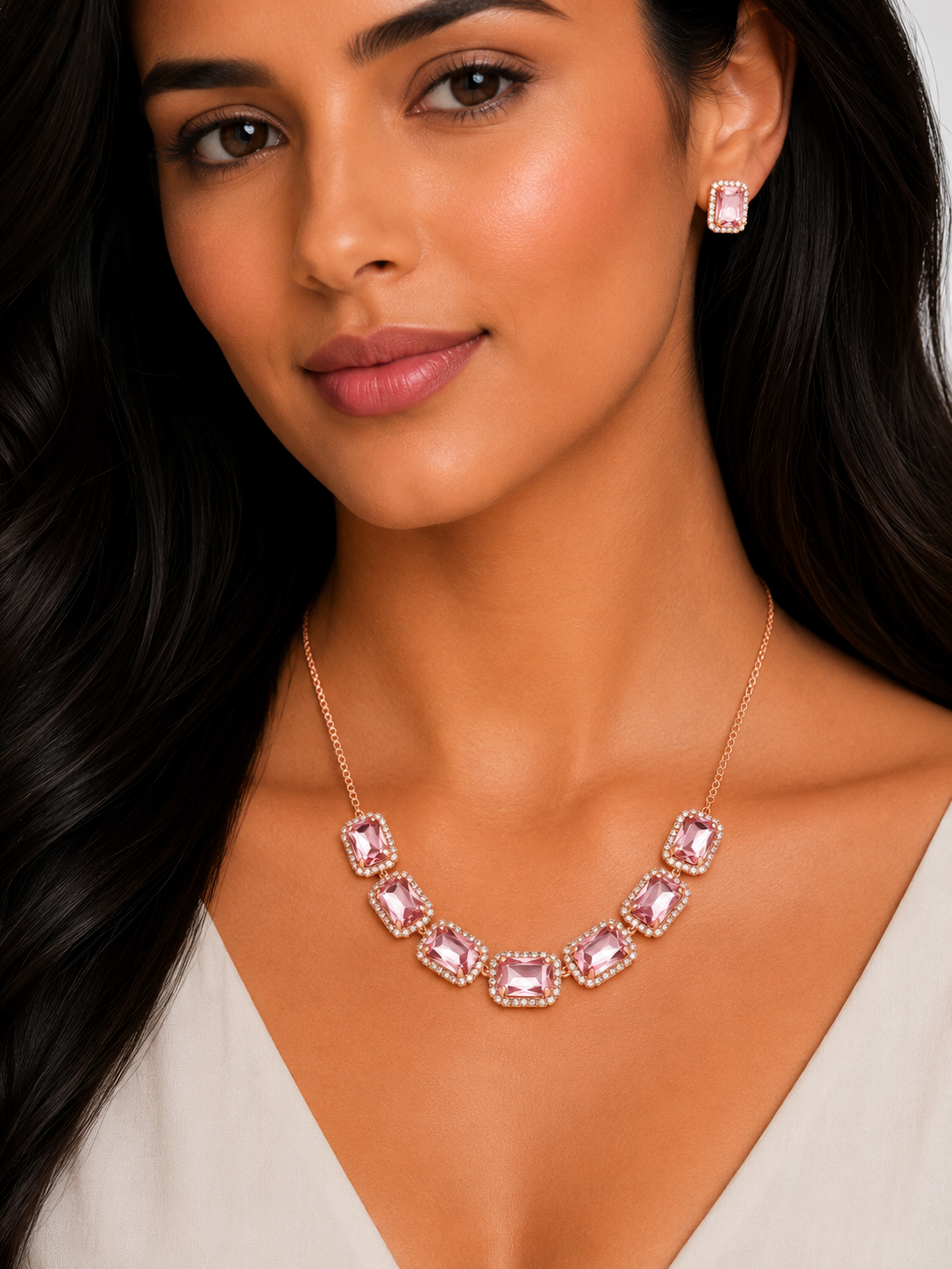 Damnstyle Necklace Anti-Tarnish Soft Pink Rectangle Crystal Set With Earrings