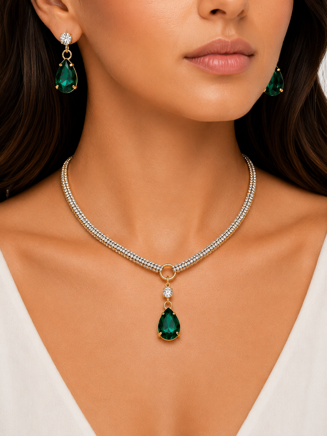 Damnstyle Necklace Anti-Tarnish Drop-Shaped Crystal Pendant Set With Earrings