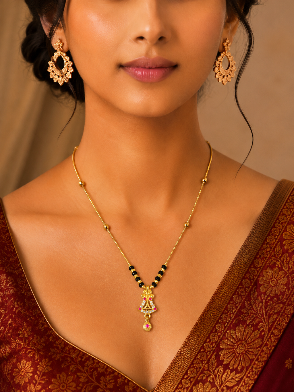 Damnstyle Women's Gold Plated Black Bead Mangalsutra with Floral Pendant