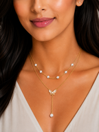 Damnstyle Gold-Plated Stainless Steel Pearl Studded Butterfly Pendant