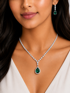 Damnstyle Necklace Anti-Tarnish Emerald Teardrop Crystal Set With Earrings