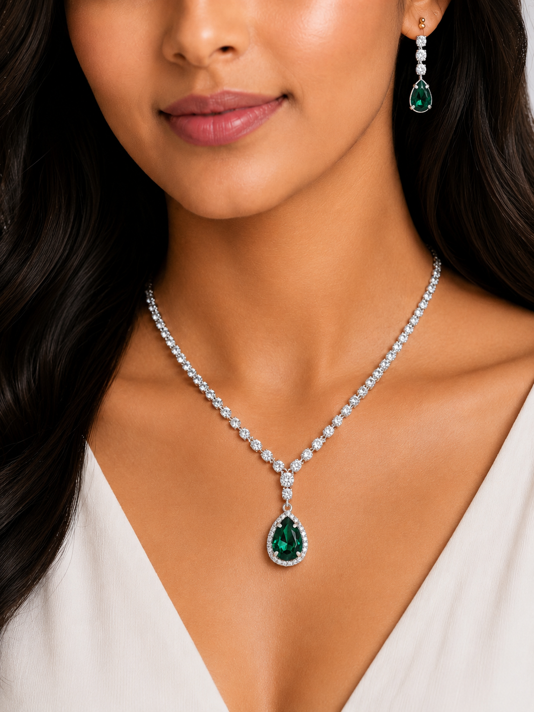 Damnstyle Necklace Anti-Tarnish Emerald Teardrop Crystal Set With Earrings