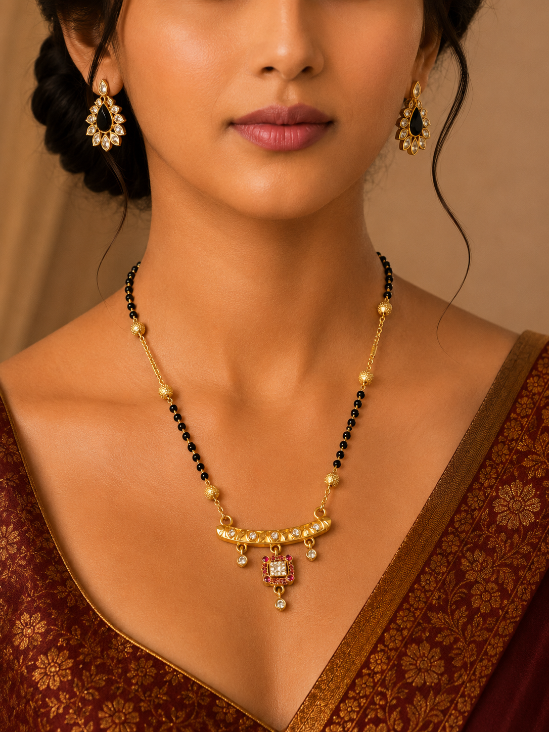 Damnstyle Gold Plated Black Bead CZ Pendant Mangalsutra for Women