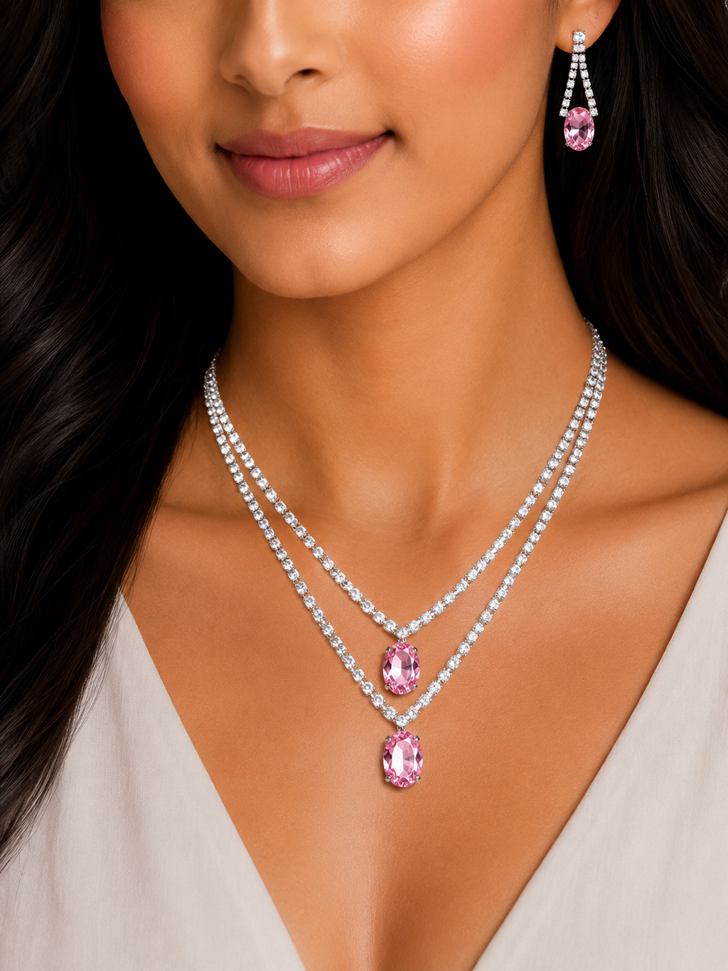 Damnstyle Anti-Tarnish Double Layer Crystal Jewellery Set With Earring