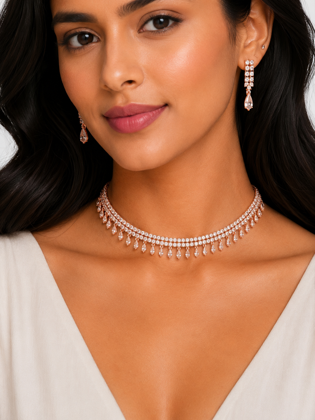 Damnstyle Necklace Anti-Tarnish Rhinestone & Baguette Choker Set With Earrings