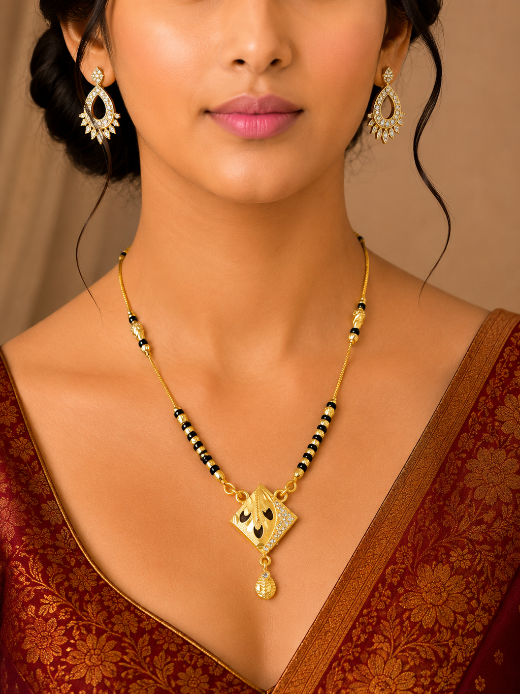 Damnstyle Gold Plated Black Bead Mangalsutra Pendant Necklace for Women