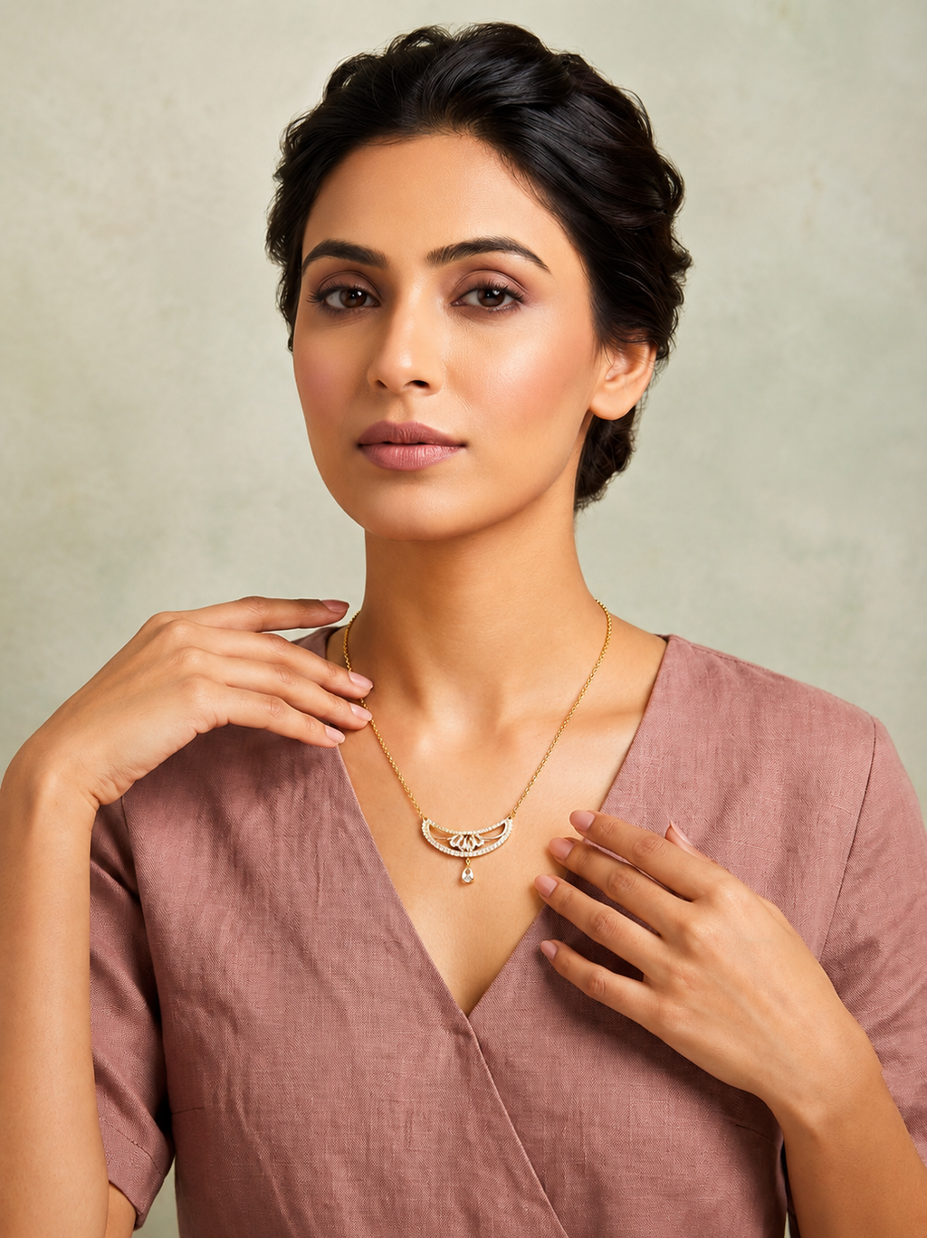 Luxury Gold Tone CZ Crescent Pendant Necklace for Women & Girls